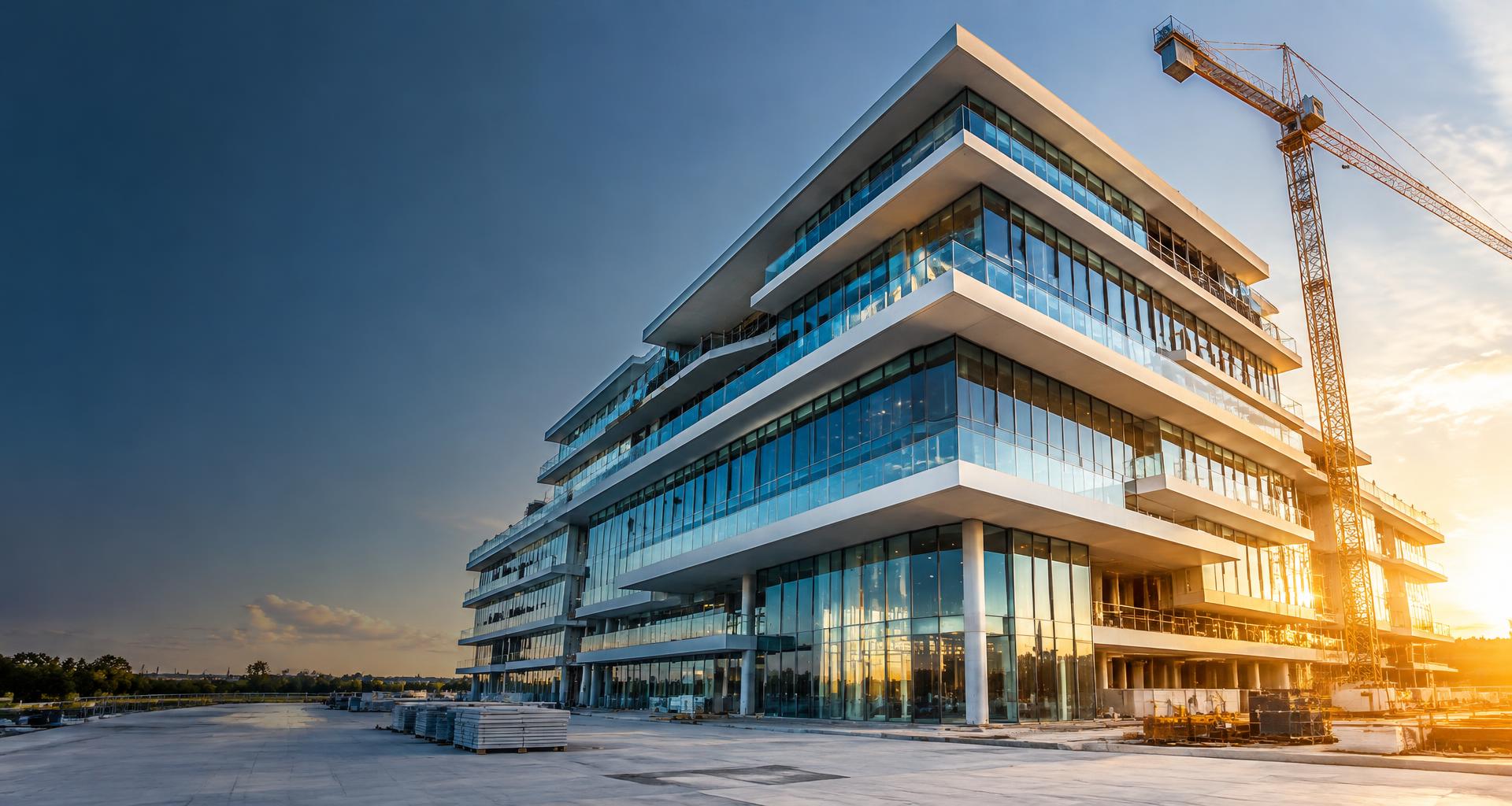 Modern commercial construction with a tower crane in golden afternoon light